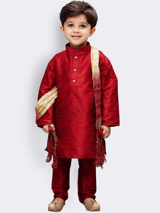 Vastramay Boys Maroon Regular Kurti with Pyjamas & With Dupatta