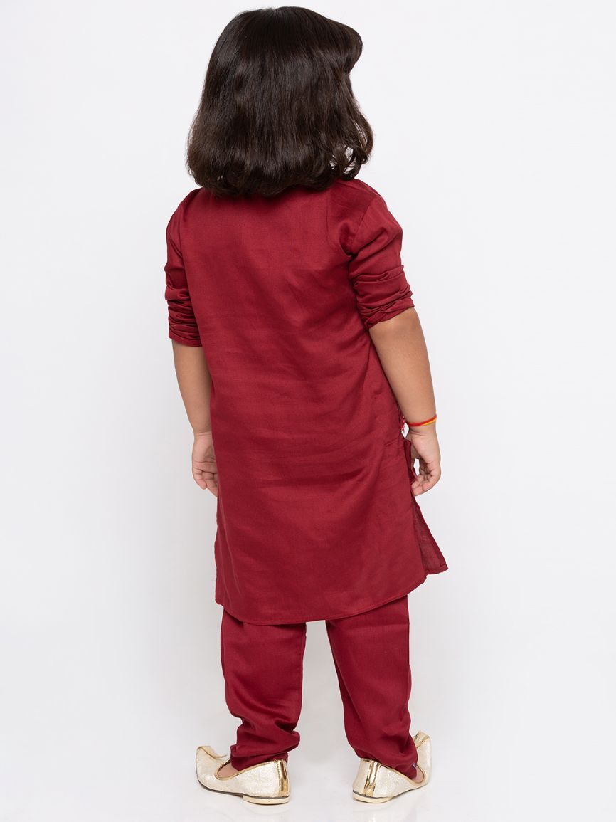 Vastramay Boys' Maroon Cotton Kurta and Pyjama Set