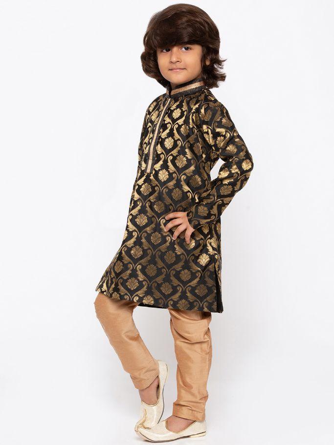 Vastramay Boys' Black Cotton Silk Kurta and Pyjama Set