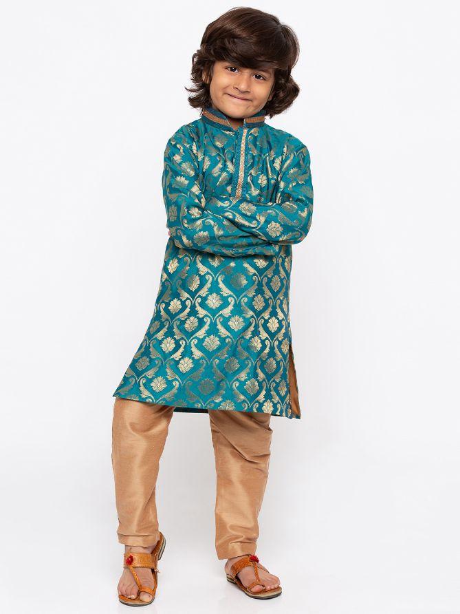 Vastramay Boys' Green Cotton Silk Kurta and Pyjama Set