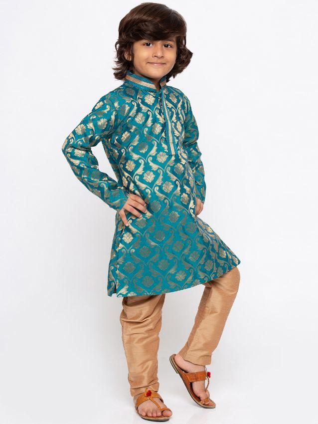 Vastramay Boys' Green Cotton Silk Kurta and Pyjama Set