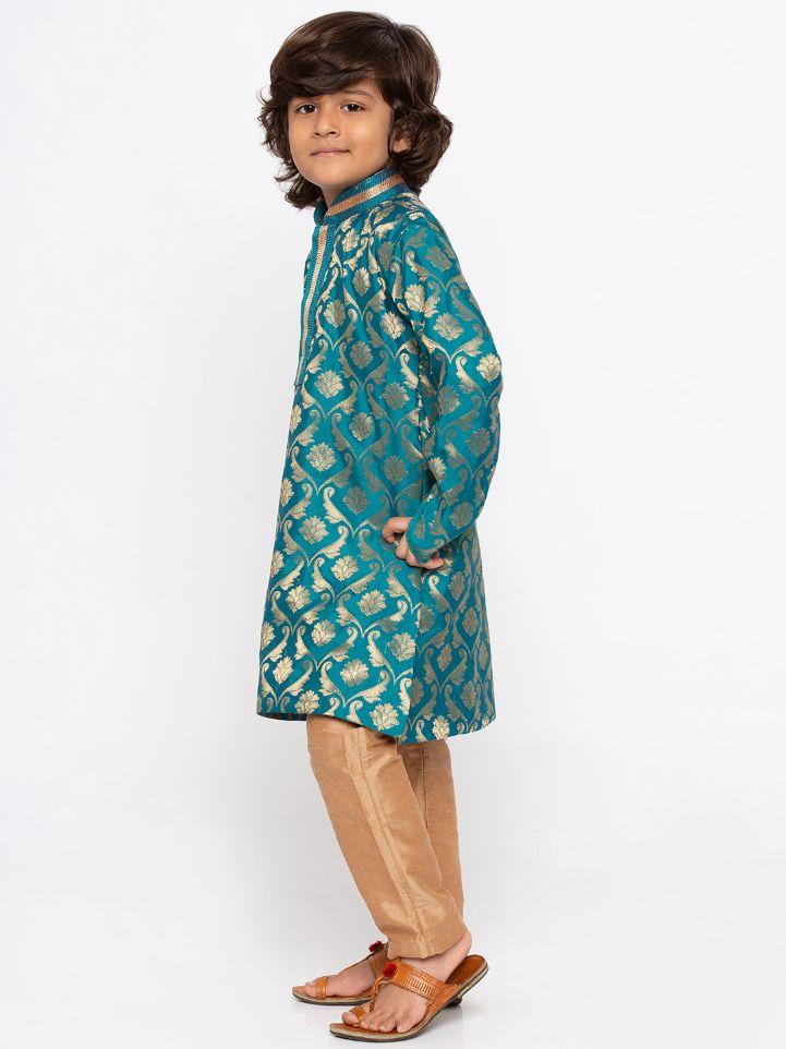 Vastramay Boys' Green Cotton Silk Kurta and Pyjama Set