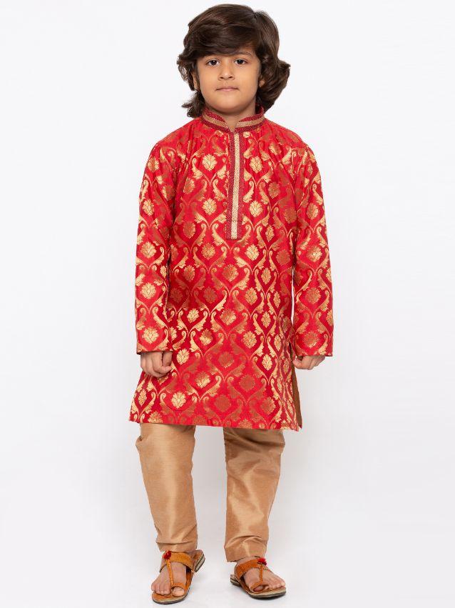 Vastramay Boys' Red Cotton Silk Kurta and Pyjama Set