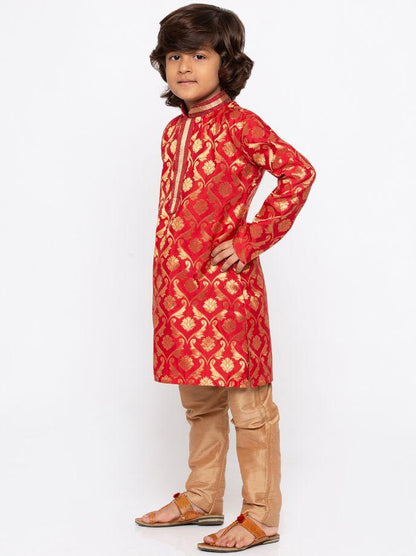 Vastramay Boys' Red Cotton Silk Kurta and Pyjama Set