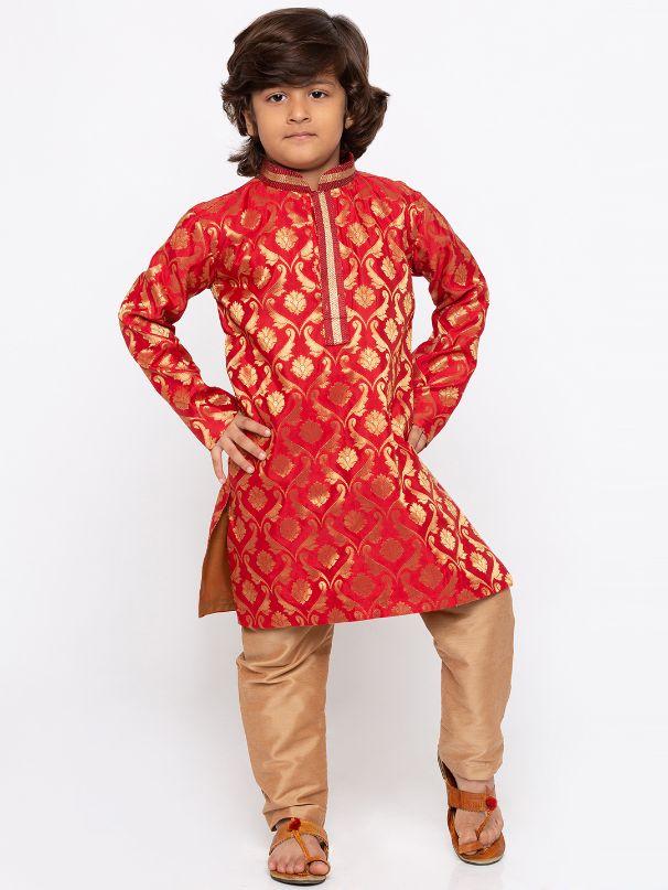 Vastramay Boys' Red Cotton Silk Kurta and Pyjama Set