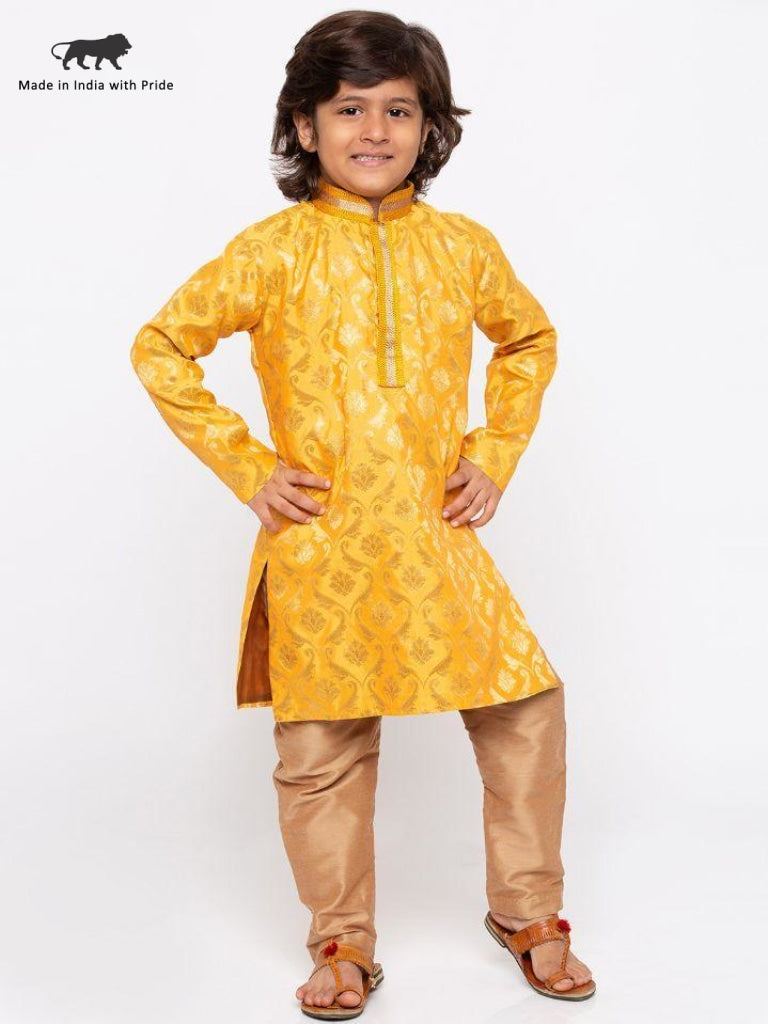 Vastramay Boys' Yellow Cotton Silk Kurta and Pyjama Set