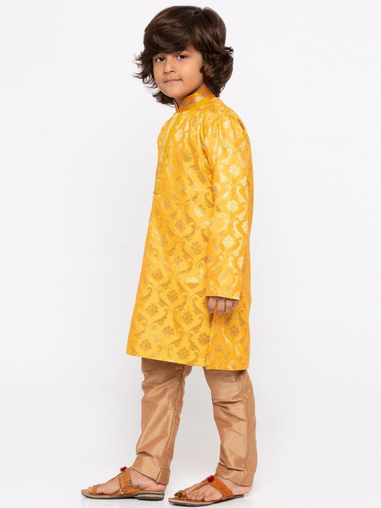 Vastramay Boys' Yellow Cotton Silk Kurta and Pyjama Set