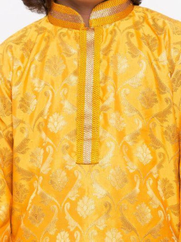 Vastramay Boys' Yellow Cotton Silk Kurta and Pyjama Set