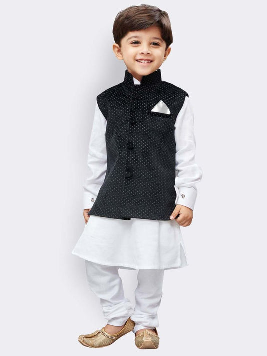 Vastramay Boys' White Cotton Kurta, Waistcoat and Pyjama Set