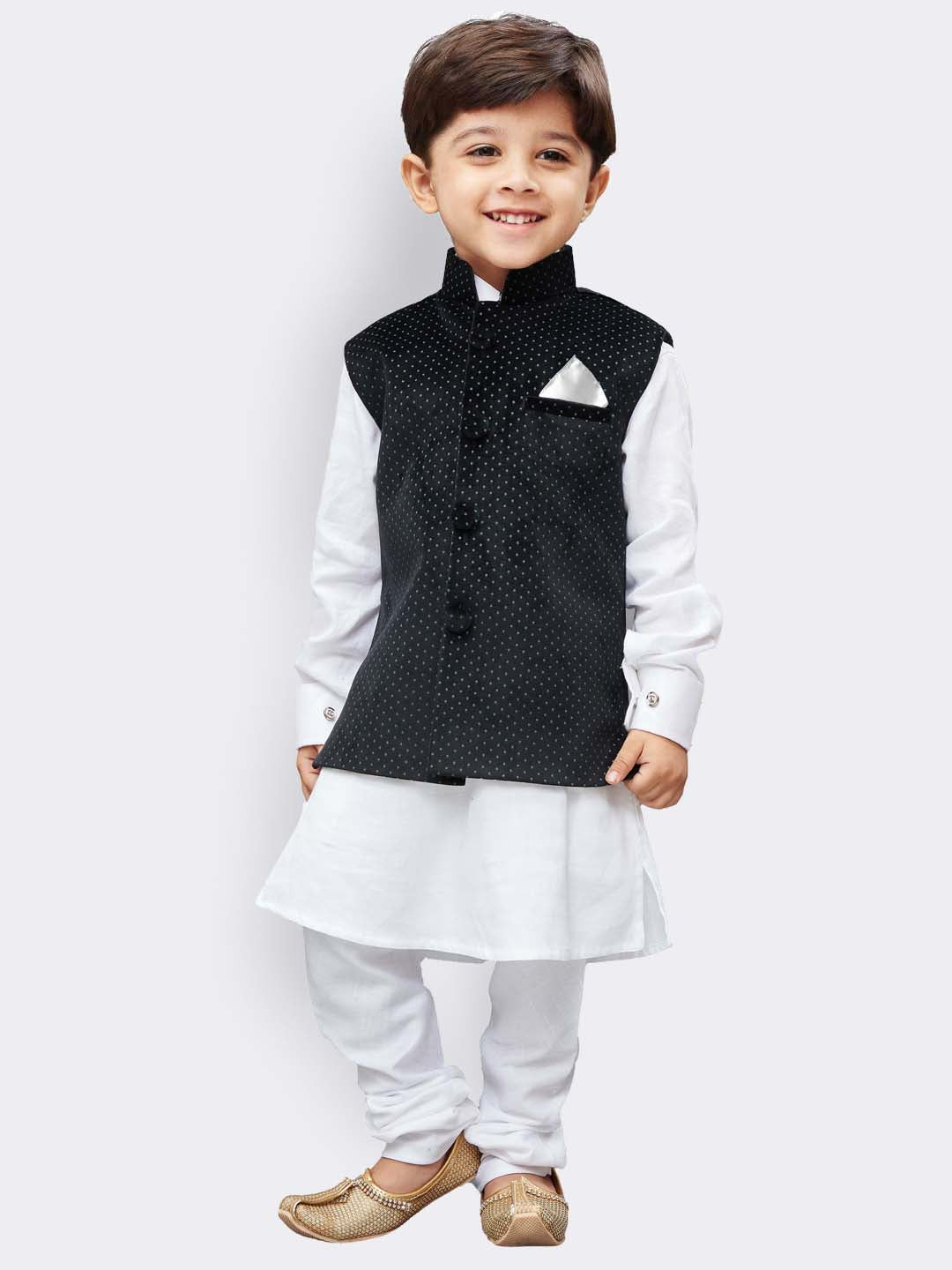 Vastramay Cotton White And Black Baap Beta Jacket Kurta Pyjama set