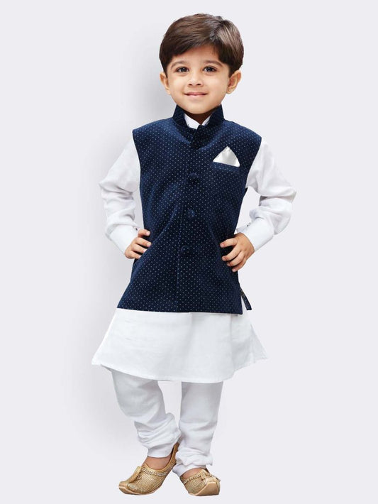 Vastramay Boys' White Cotton Kurta, Waistcoat and Pyjama Set