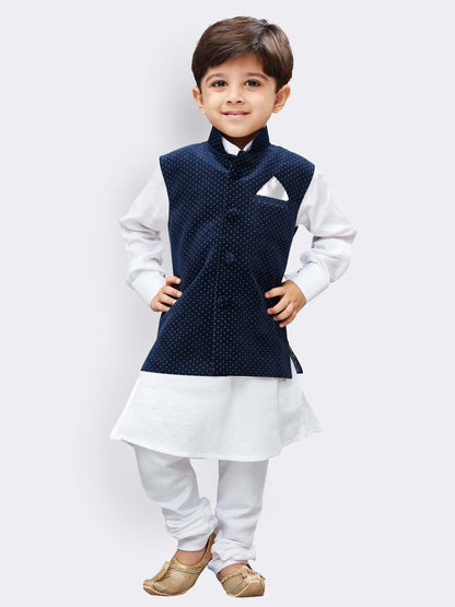 Vastramay Cotton White And Blue Baap Beta Jacket Kurta Pyjama set