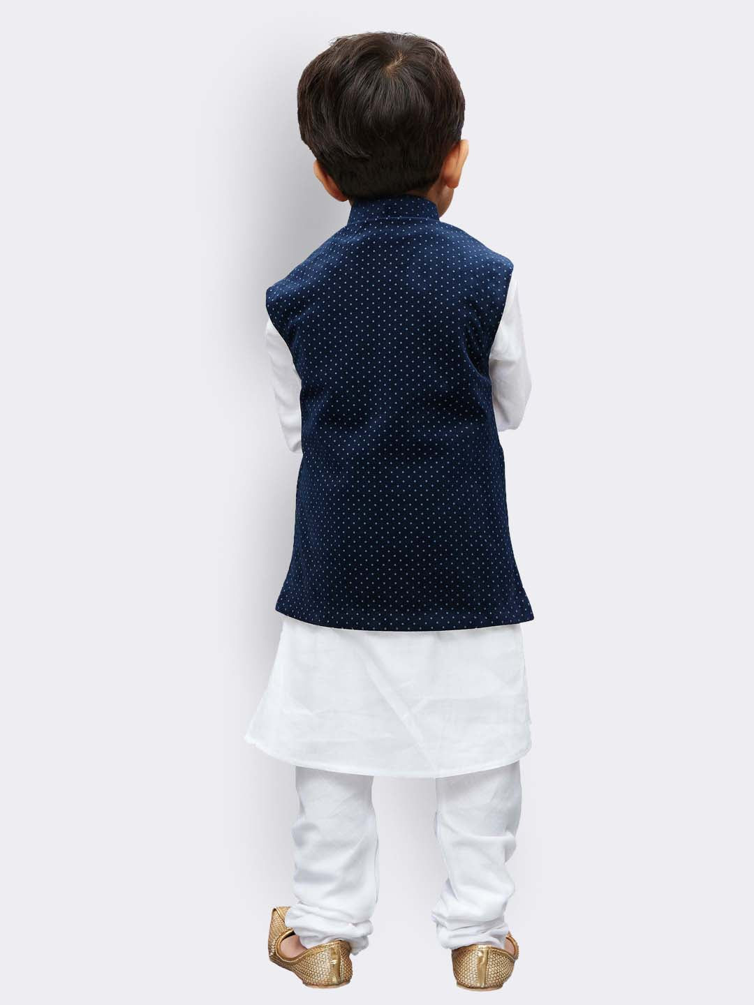 Vastramay Cotton White And Blue Baap Beta Jacket Kurta Pyjama set