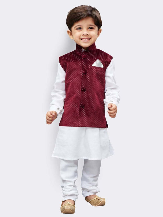 Vastramay Boys' White Cotton Kurta, Waistcoat and Pyjama Set