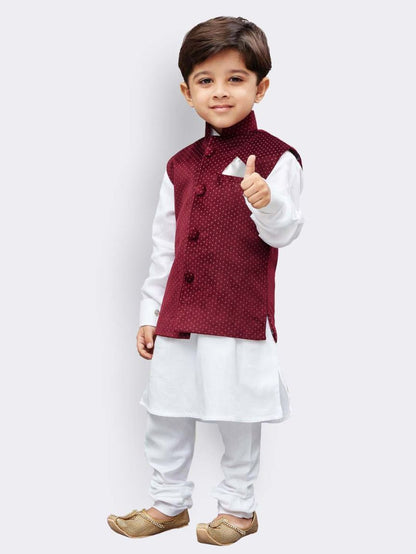 Vastramay Boys' White Cotton Kurta, Waistcoat and Pyjama Set