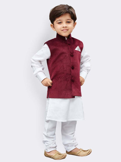 Vastramay Boys' White Cotton Kurta, Waistcoat and Pyjama Set