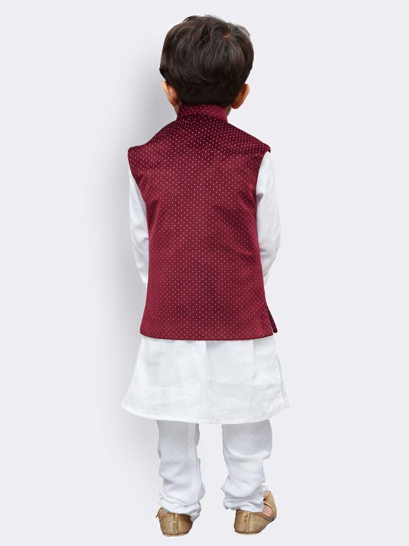 Vastramay Boys' White Cotton Kurta, Waistcoat and Pyjama Set