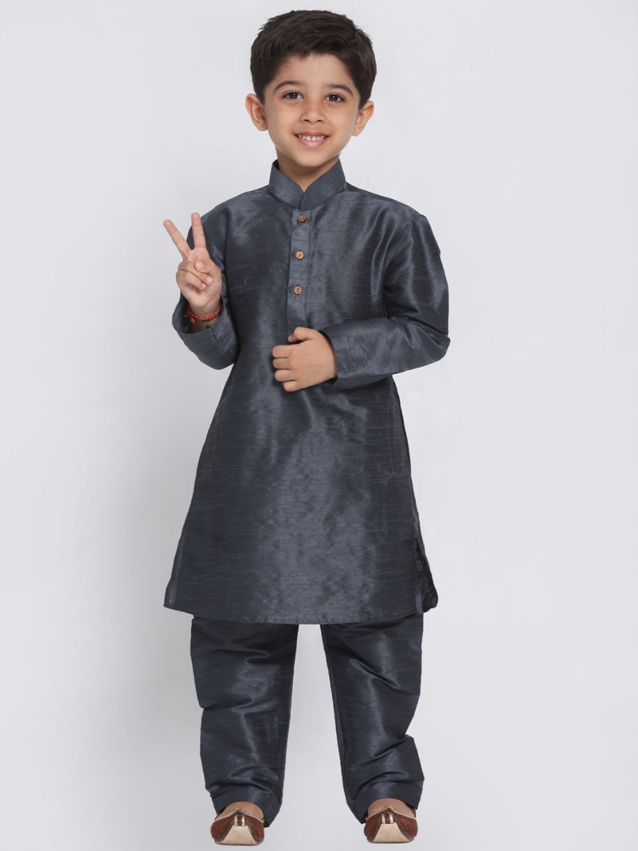 Vastramay Boys' Grey Cotton Silk Blend Kurta and Pyjama Set