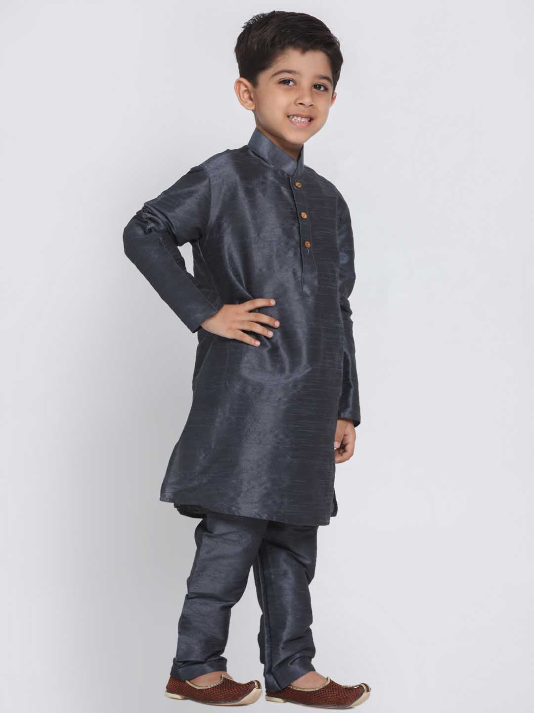 Vastramay Boys' Grey Cotton Silk Blend Kurta and Pyjama Set