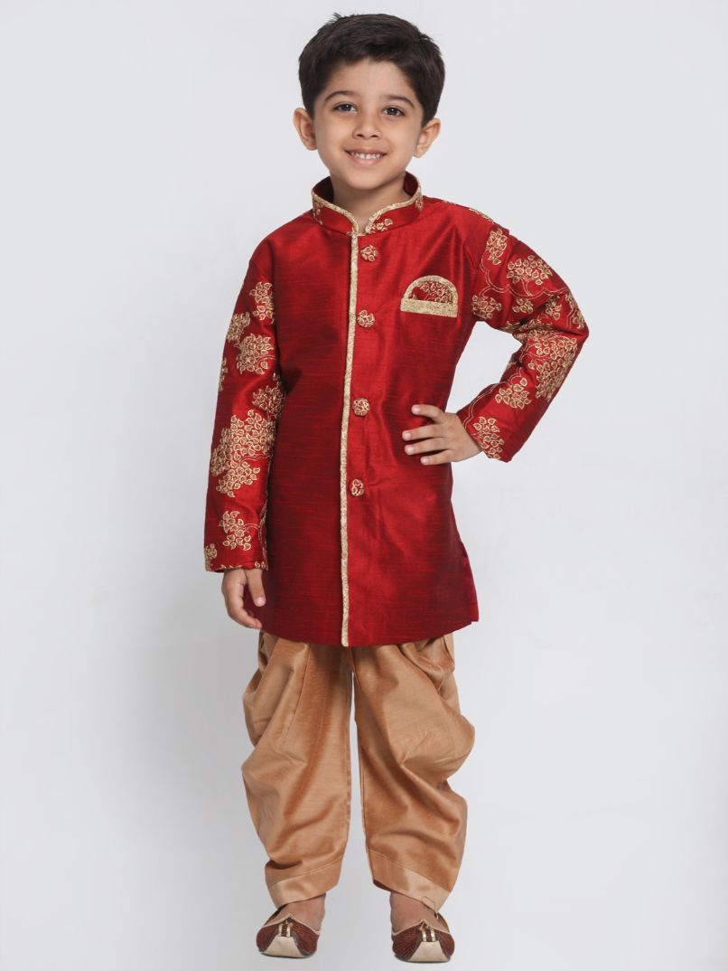 Vastramay Boys' Maroon Cotton Silk Blend Kurta and Dhoti Pant Set