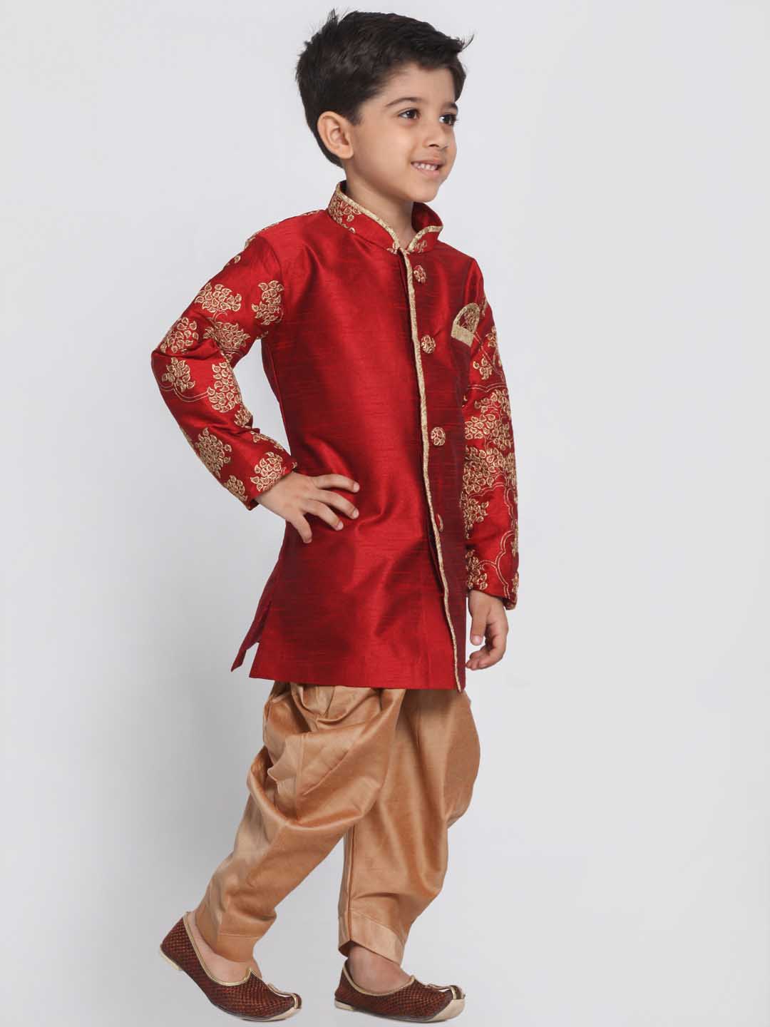 Vastramay Boys' Maroon Cotton Silk Blend Kurta and Dhoti Pant Set