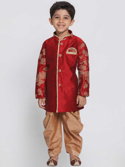 Vastramay Boys' Maroon Cotton Silk Blend Kurta and Dhoti Pant Set