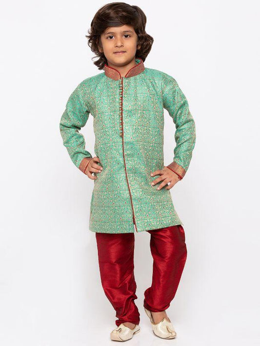 Vastramay Boys' Green Cotton Silk Sherwani and Churidar Set