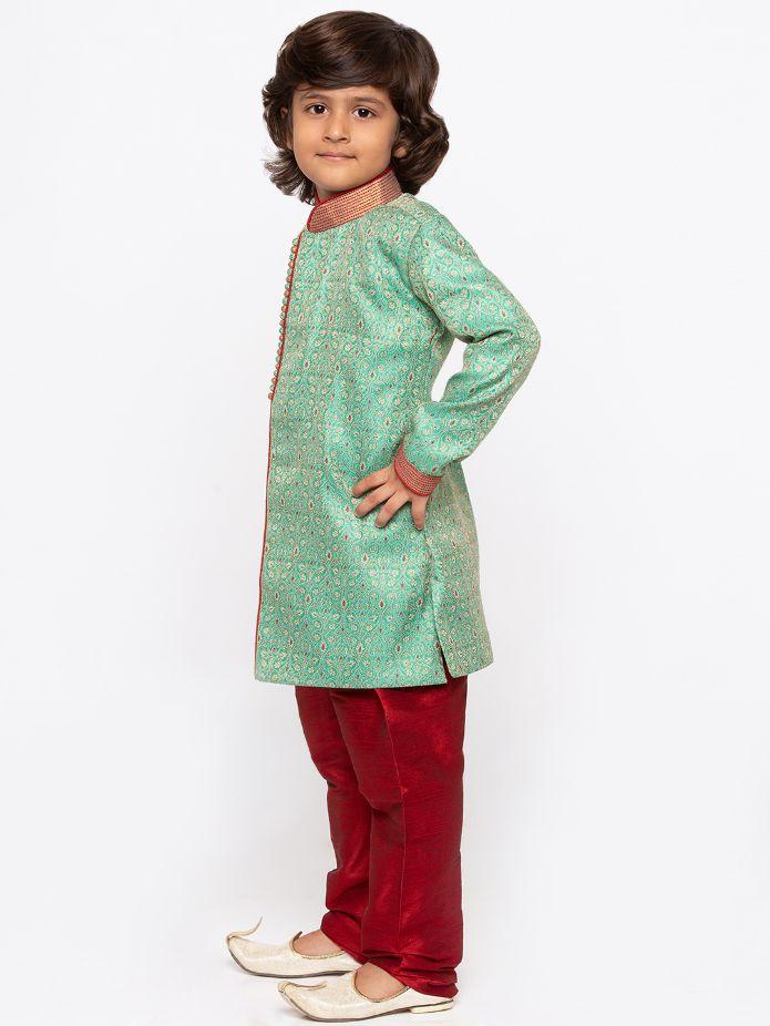 Vastramay Boys' Green Cotton Silk Sherwani and Churidar Set