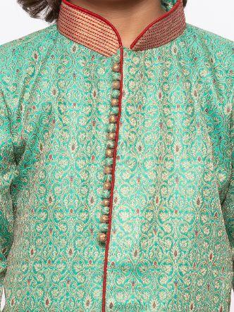 Vastramay Boys' Green Cotton Silk Sherwani and Churidar Set