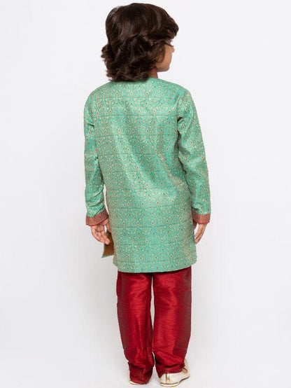 Vastramay Boys' Green Cotton Silk Sherwani and Churidar Set