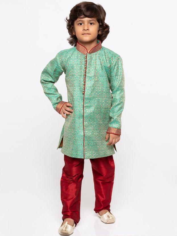 Vastramay Boys' Green Cotton Silk Sherwani and Churidar Set