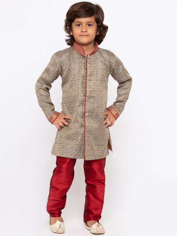 Vastramay Boys' Grey Cotton Silk Sherwani and Churidar Set