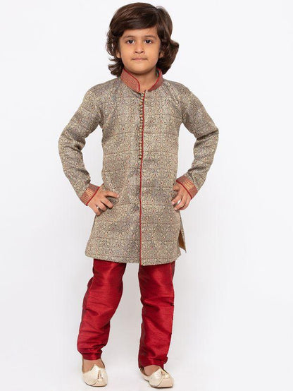 Vastramay Boys' Grey Cotton Silk Sherwani and Churidar Set