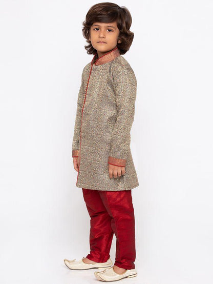 Vastramay Boys' Grey Cotton Silk Sherwani and Churidar Set