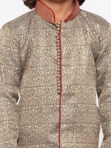 Vastramay Boys' Grey Cotton Silk Sherwani and Churidar Set