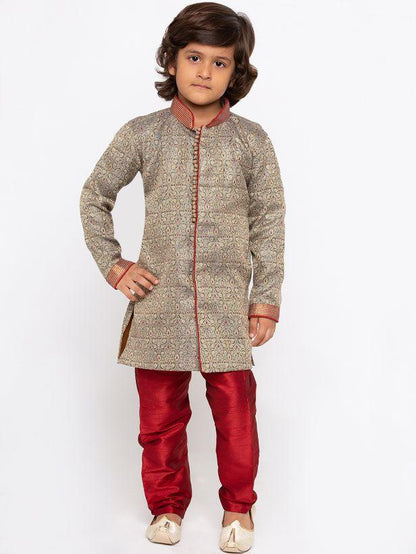 Vastramay Boys' Grey Cotton Silk Sherwani and Churidar Set