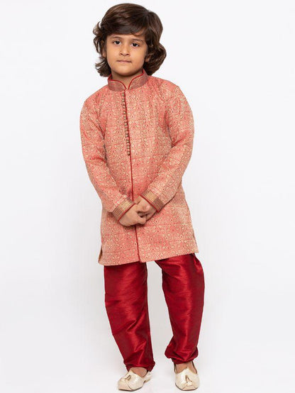 Vastramay Boys' Pink Cotton Silk Sherwani and Churidar Set