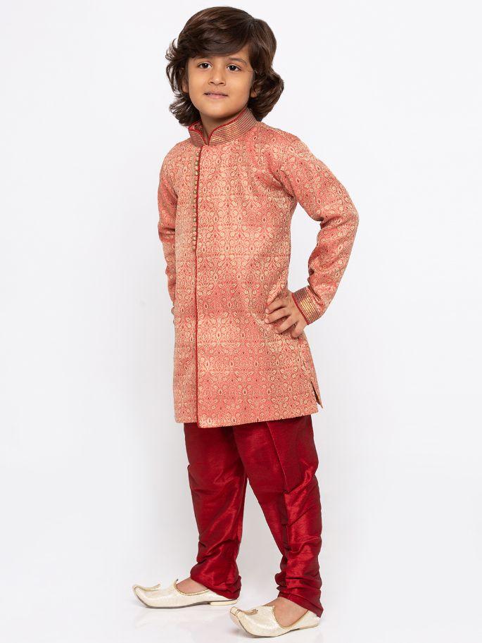 Vastramay Boys' Pink Cotton Silk Sherwani and Churidar Set
