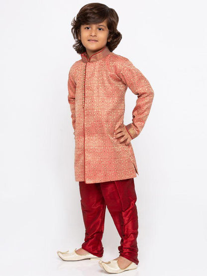 Vastramay Boys' Pink Cotton Silk Sherwani and Churidar Set