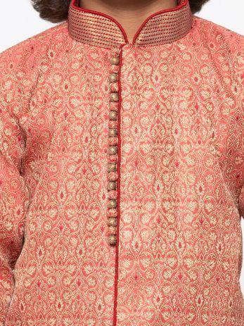 Vastramay Boys' Pink Cotton Silk Sherwani and Churidar Set