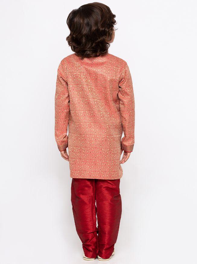 Vastramay Boys' Pink Cotton Silk Sherwani and Churidar Set