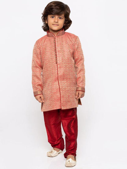 Vastramay Boys' Pink Cotton Silk Sherwani and Churidar Set