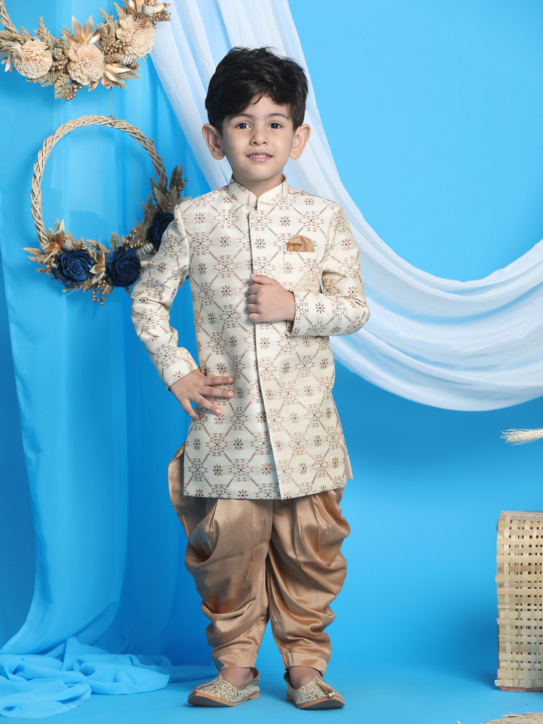 Vastramay boys gold and rose gold color sherwani set