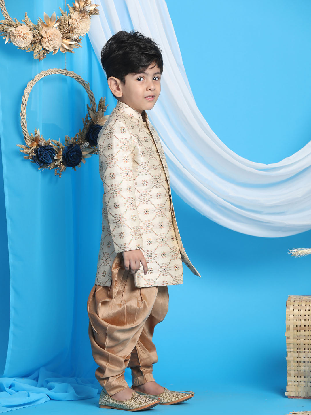 Vastramay boys gold and rose gold color sherwani set