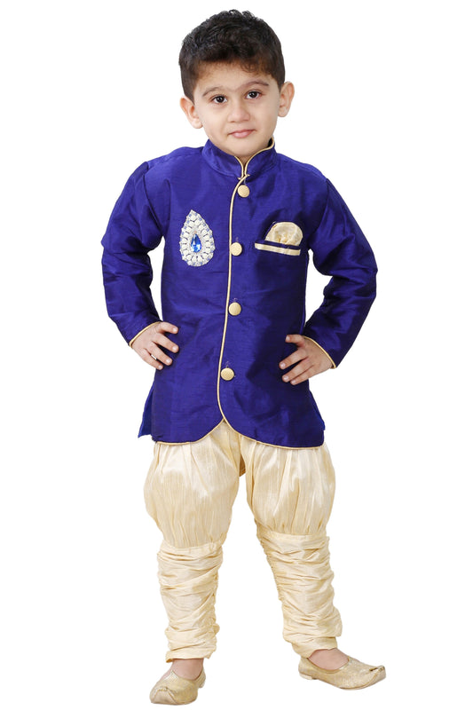 Vastramay Boys' Blue Cotton Silk Kurta and Breedges Set