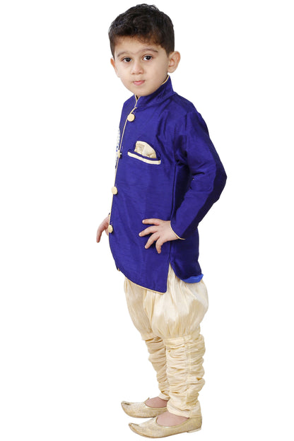 Vastramay Boys' Blue Cotton Silk Kurta and Breedges Set