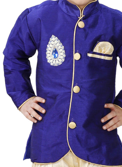 Vastramay Boys' Blue Cotton Silk Kurta and Breedges Set
