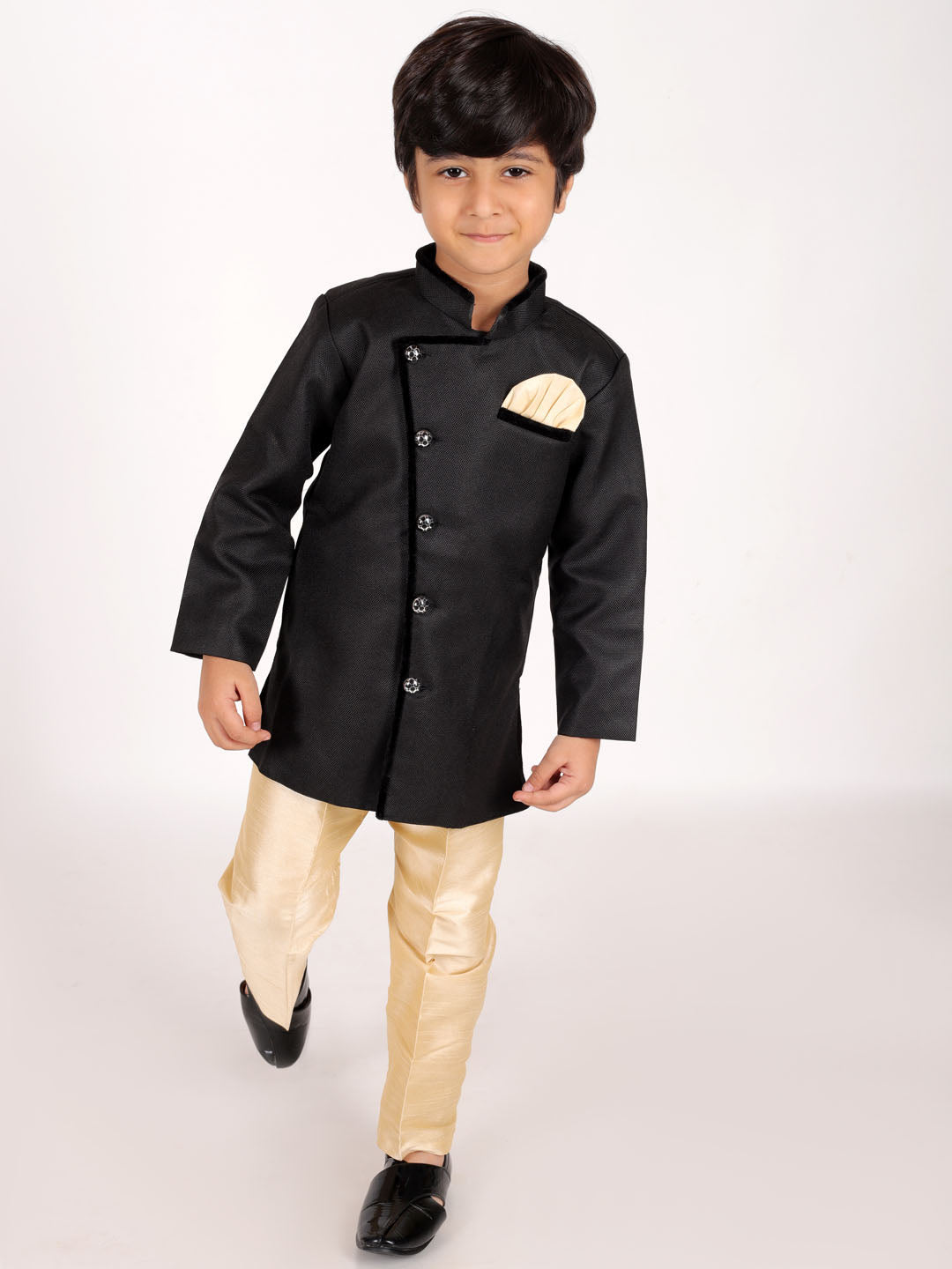 JBN CREATION Boys' Black Jute Silk Sherwani Set