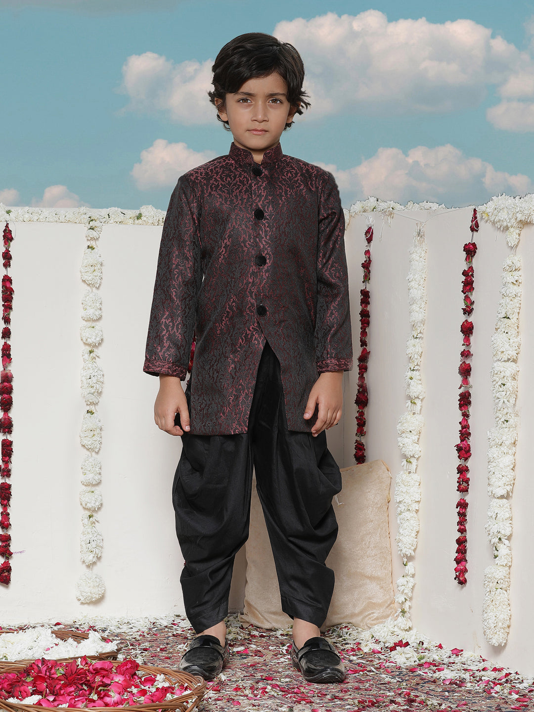 VASTRAMAY Boys' Maroon Silk Blend Sherwani