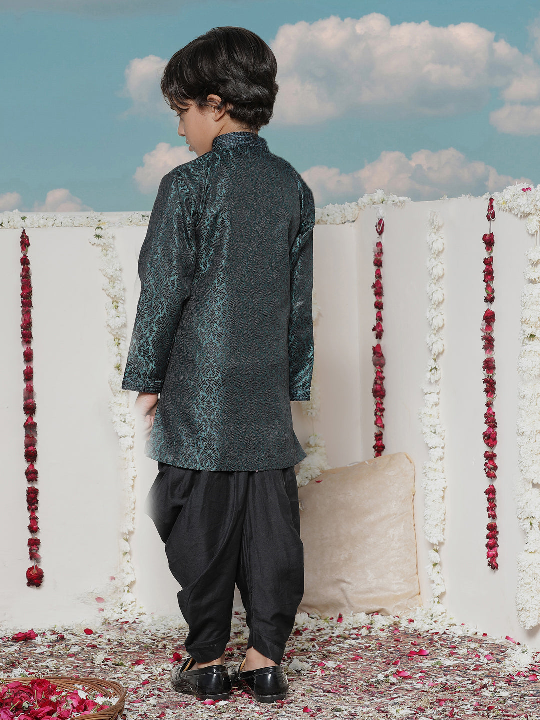 VASTRAMAY Boys' Turquoise Blue Silk Blend Sherwani